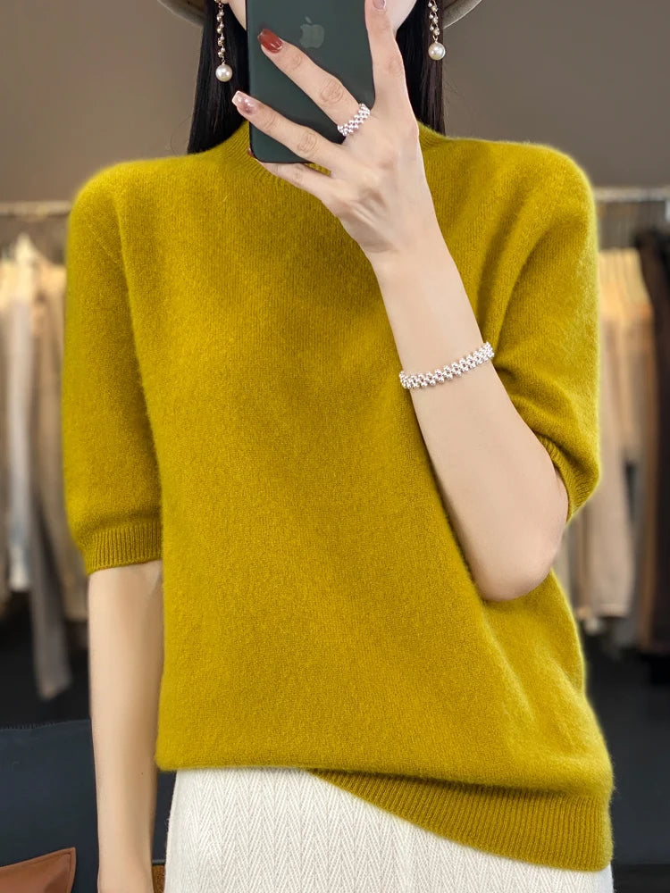 Women's Mock-Neck Cashmere and Merino Wool Spring Sweater with Half Sleeves Liograft