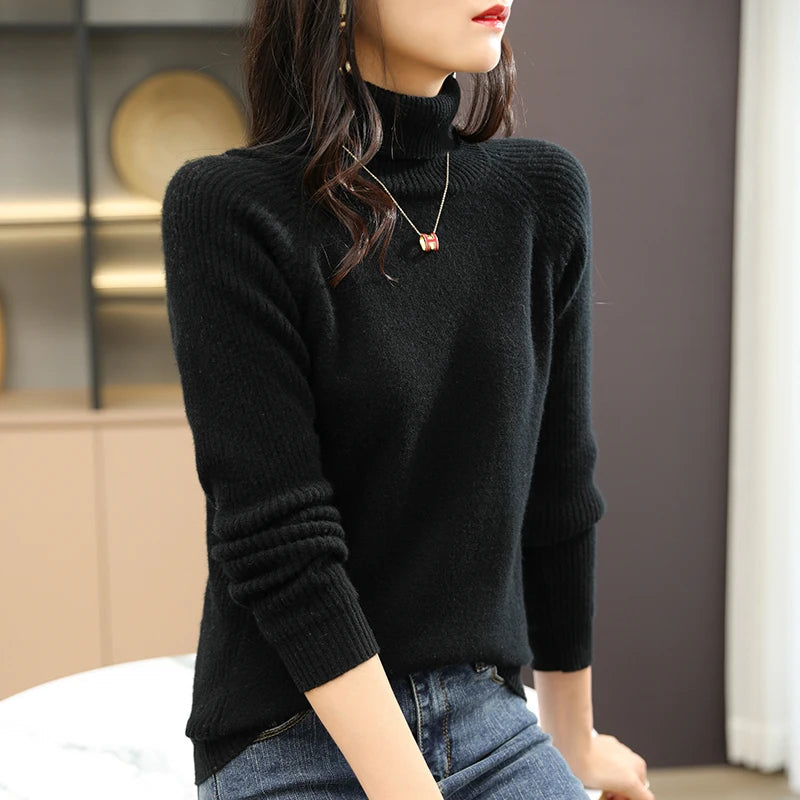 Women's Stylish 100% Merino Wool Turtleneck Sweater Liograft