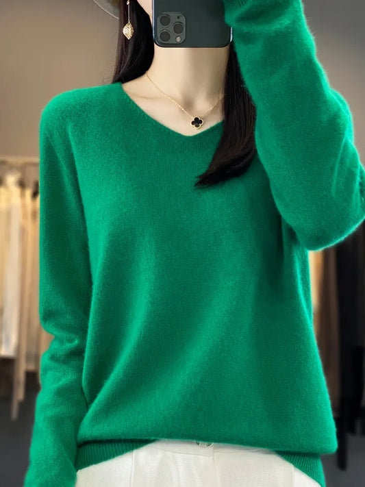 Women's V-Neck Fine Merino Wool Sweater by Aliselect 2023 Liograft