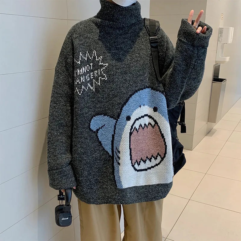 ZAZOMDE Men's High-Neck Shark Sweater - 2023 Winter Harajuku Style Oversized Turtleneck - Premium  from Liograft - Just $58.95! Shop now at Liograft